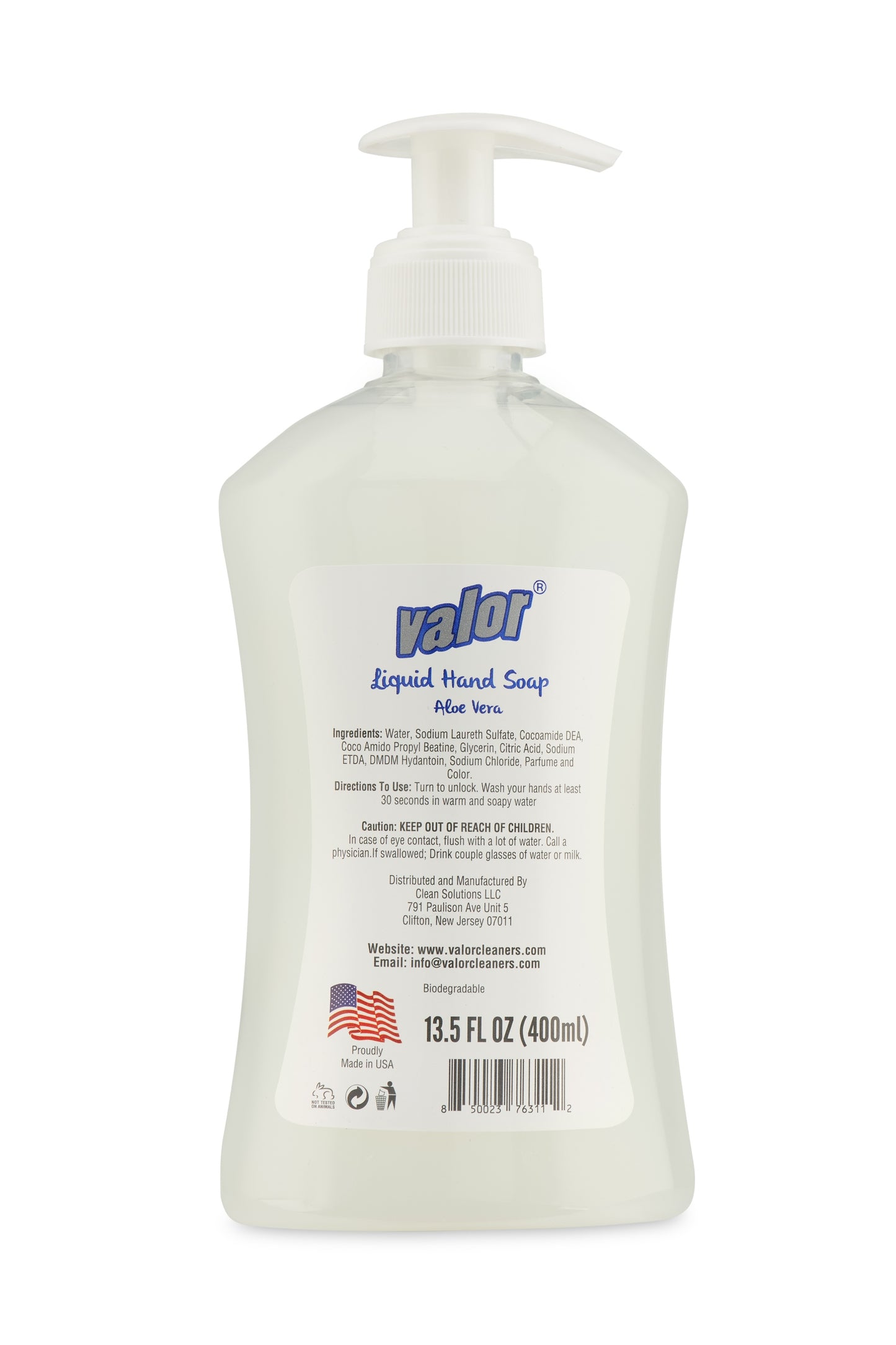 Valor Liquid Hand Soap with Aloe Vera in a 13.5 FL OZ bottle, skin-safe and biodegradable formula, made in the USA.