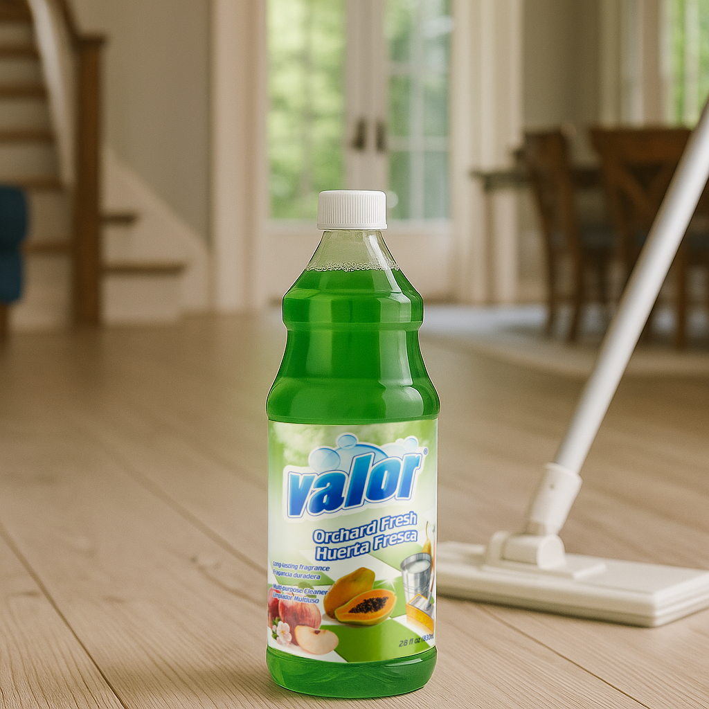 Valor Fresh Orchard Multi-Purpose Cleaner bottle on a clean floor, ideal for easy everyday cleaning and refreshing scent.
