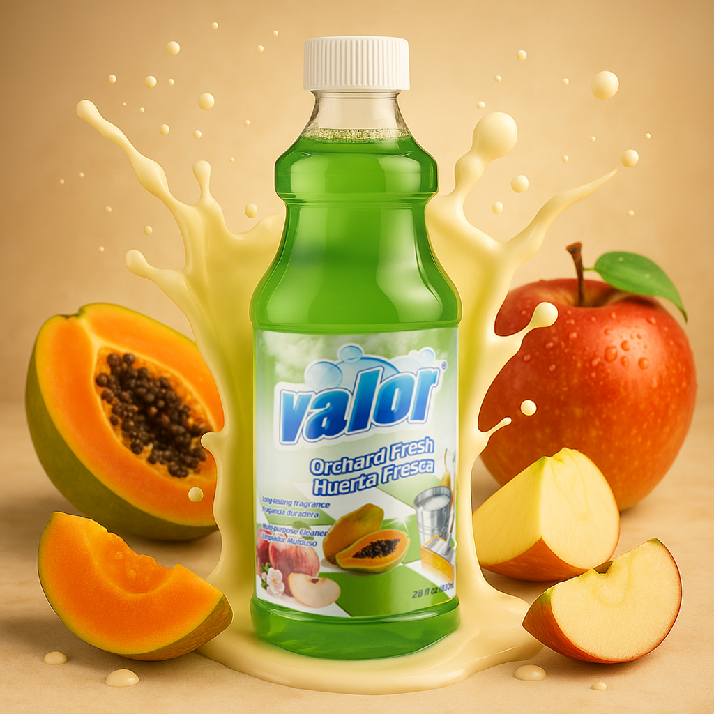 Valor Fresh Orchard Multi-Purpose Cleaner bottle with fresh fruits, showcasing a vibrant look for effective cleaning.