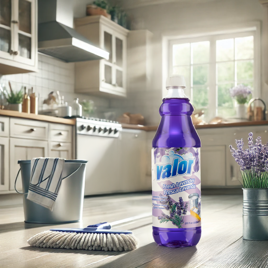 Valor Lavender Multi-Purpose Cleaner bottle in a bright kitchen, featuring a mop and lavender flowers for a calming cleaning experience.