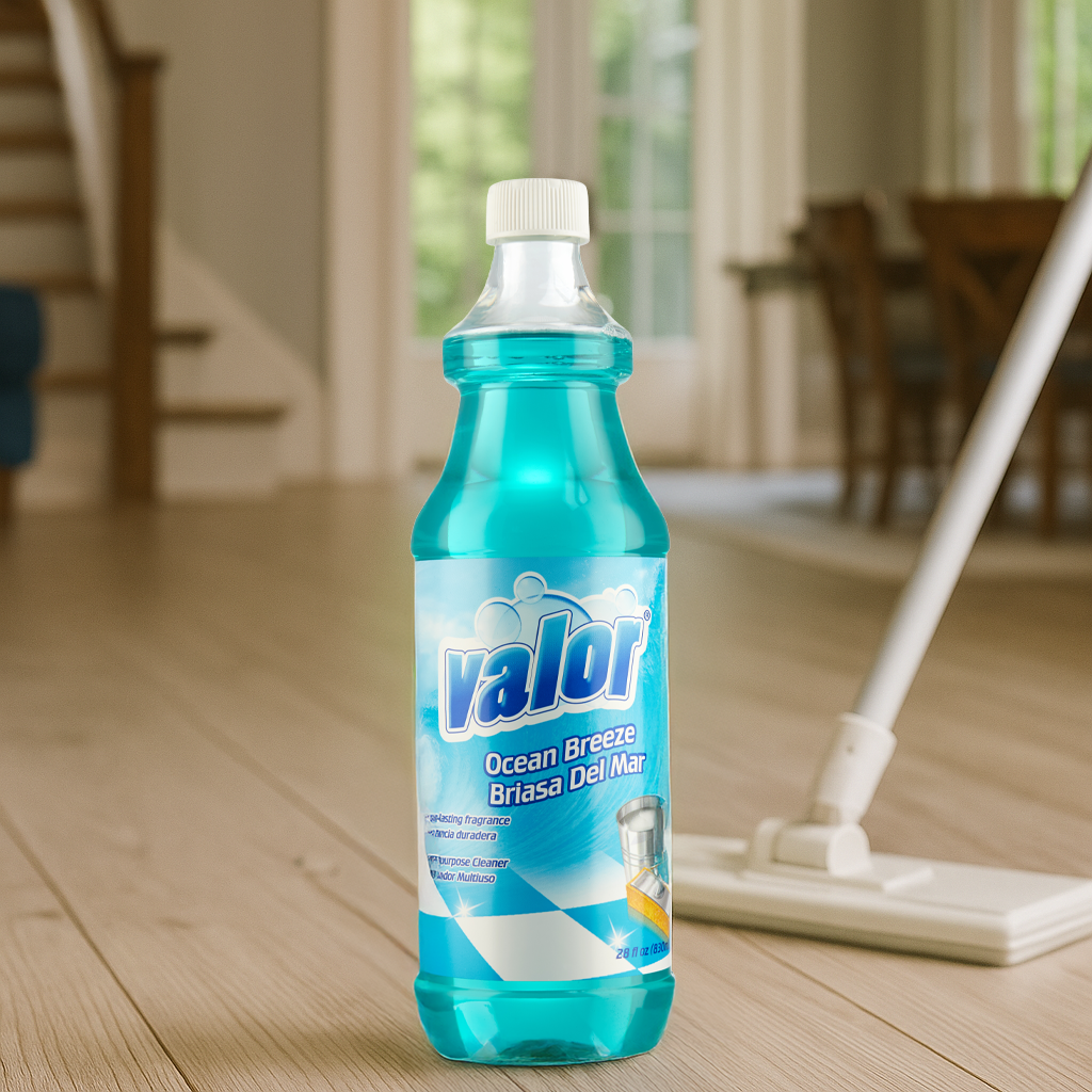 Valor Ocean Breeze multi-purpose cleaner bottle on clean wooden floor, evoking a fresh seaside scent.