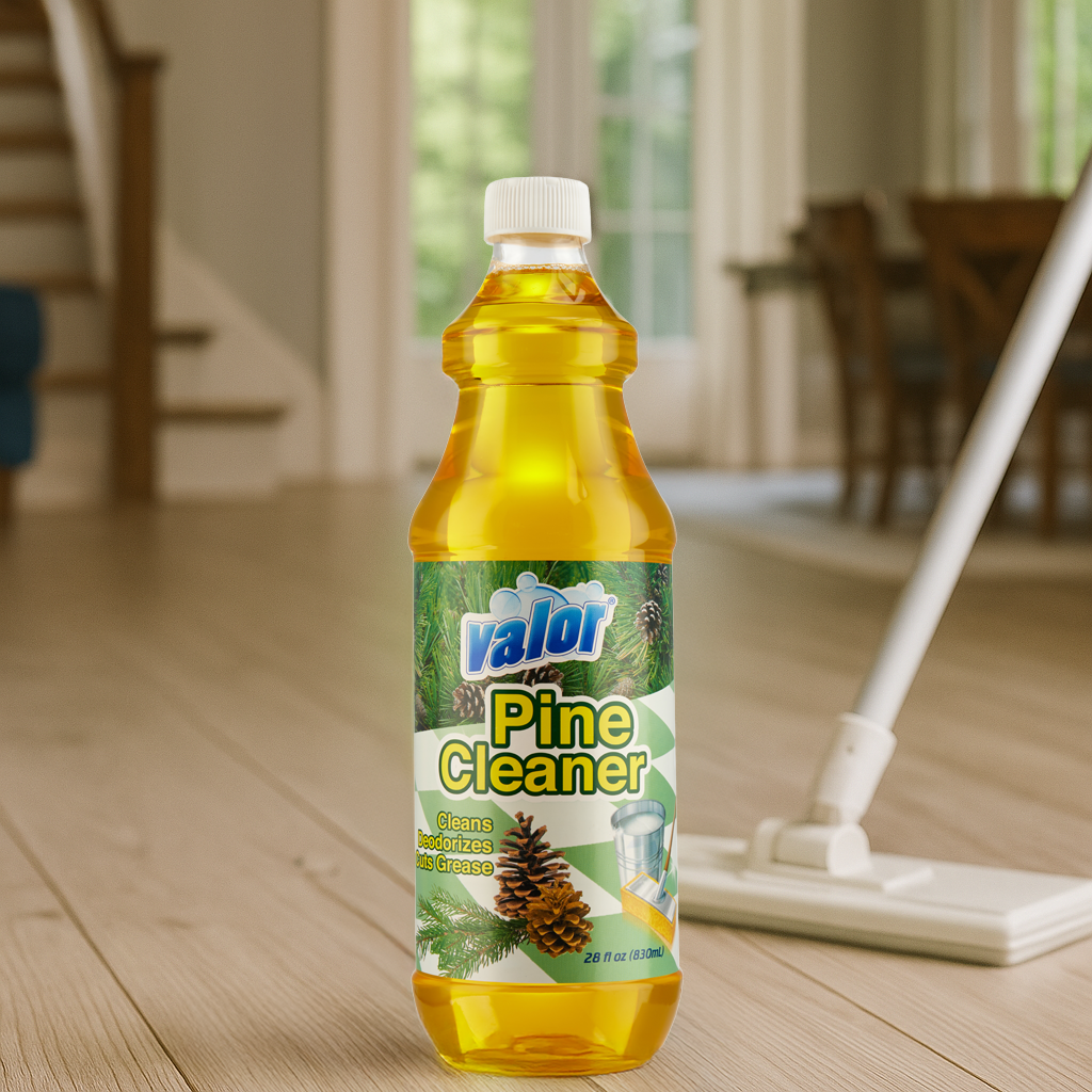 VALOR Multi-Purpose Cleaner Pine bottle on a clean floor, promoting fresh scent and powerful cleaning without residue.