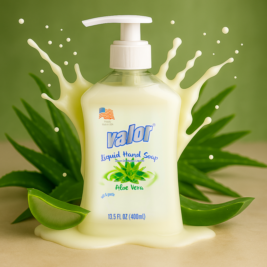 Valor Liquid Hand Soap with Aloe Vera, skin-safe, biodegradable formula for a luxurious hand washing experience.