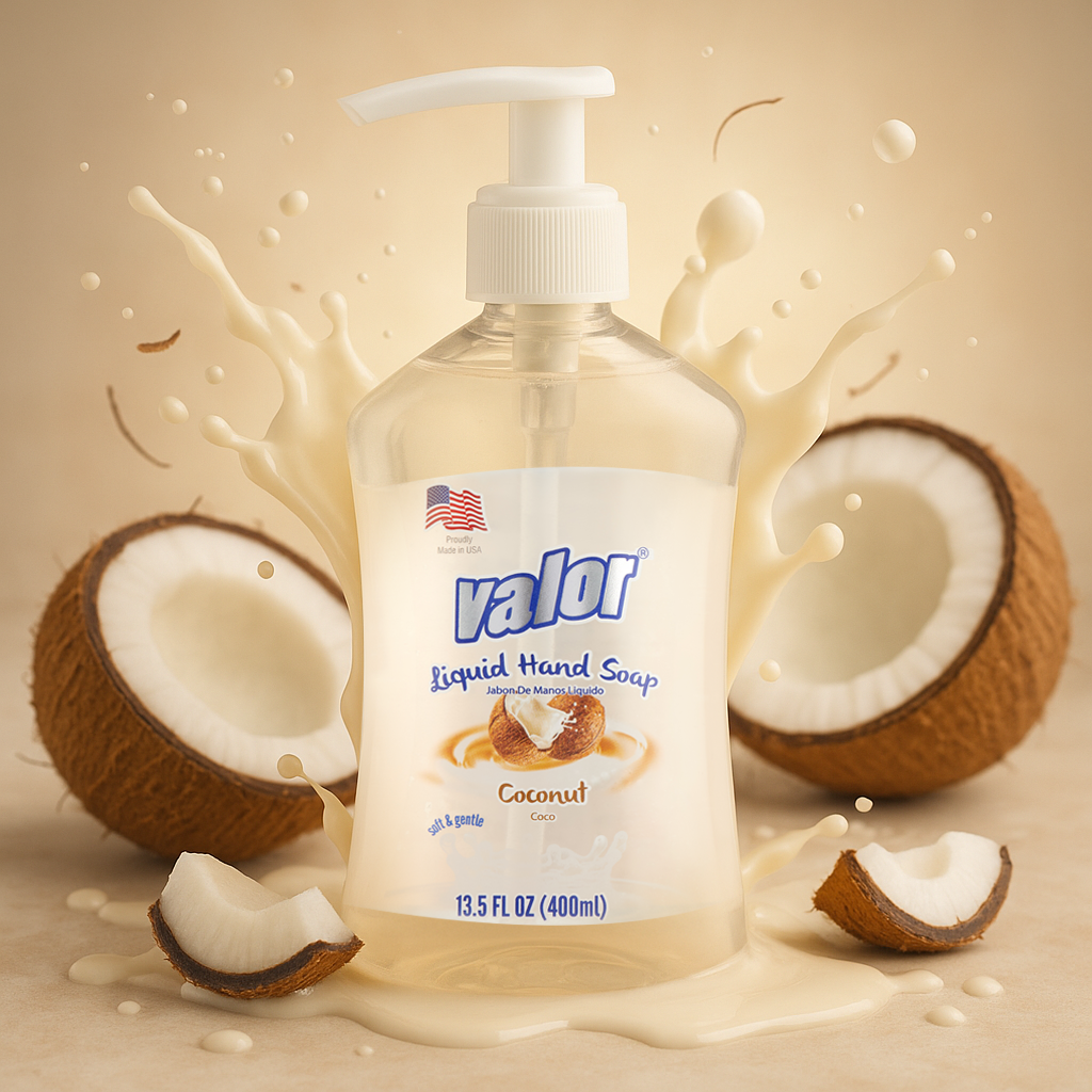 Valor Liquid Hand Soap Coconut Scent with coconut halves and creamy splash, perfect for tropical hand washing.