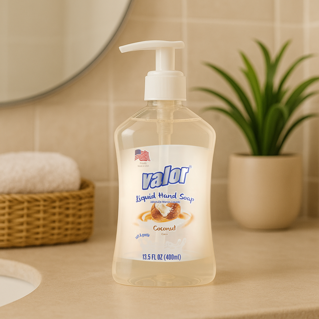 Valor Liquid Hand Soap Coconut Scent in a pump bottle on a bathroom counter, evoking a tropical atmosphere.