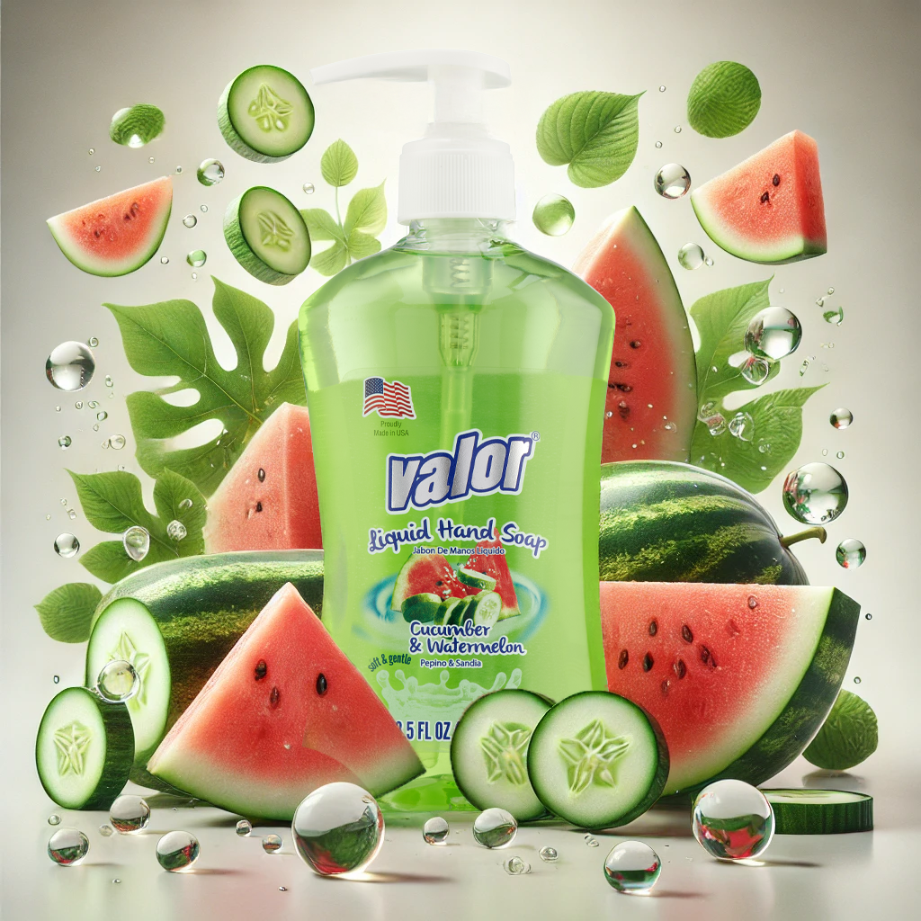 VALOR Liquid Hand Soap Watermelon & Cucumber in a vibrant design with fresh fruit and bubbles for a refreshing clean.