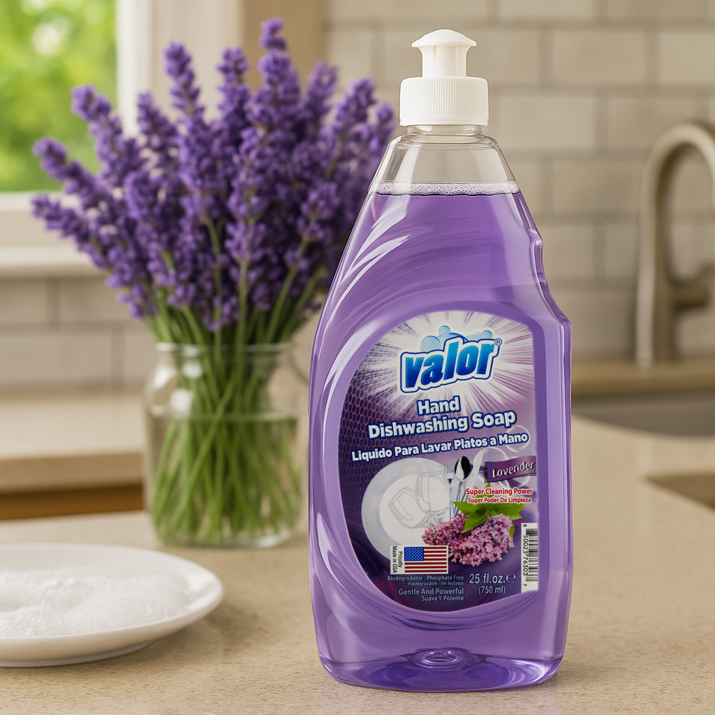 Valor Lavender Scent Dishwashing Liquid on kitchen counter with lavender flowers, offering a calming and effective dish cleaning solution.