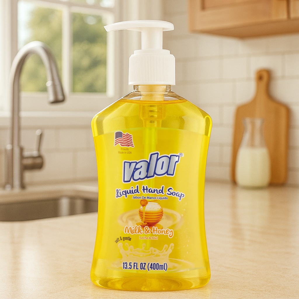 VALOR Liquid Hand Soap Milk & Honey in a clear pump bottle, offering gentle cleansing and hydration for soft skin.
