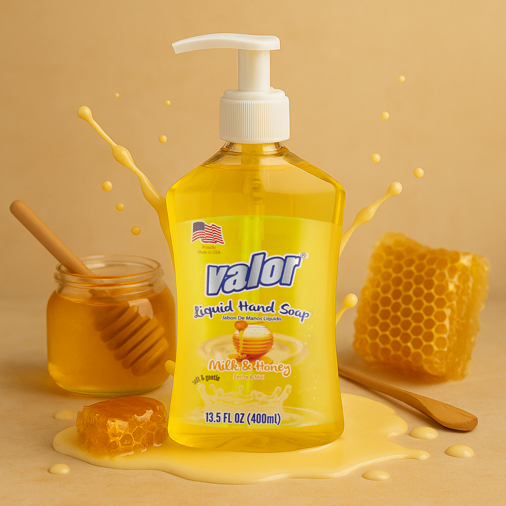 VALOR Liquid Hand Soap Milk & Honey in a transparent bottle with honeycomb and honey on a beige background.