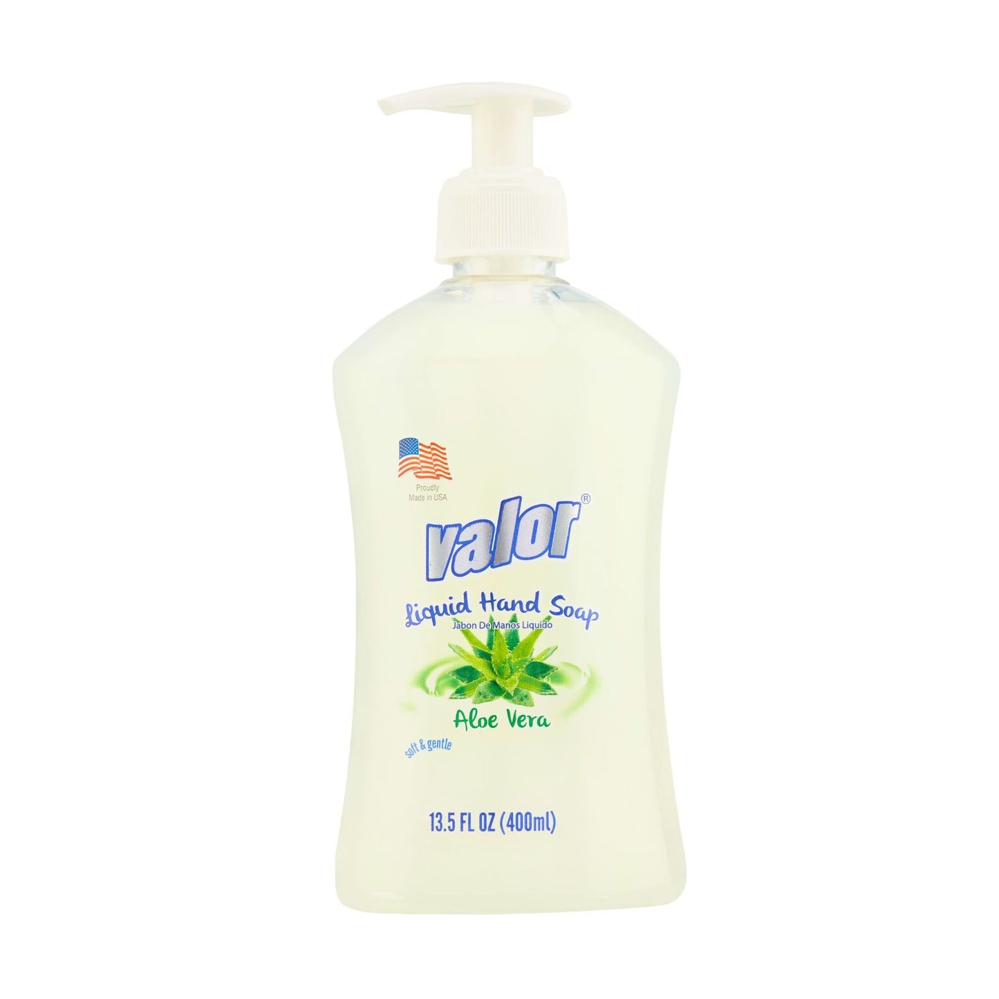 Valor Liquid Hand Soap with Aloe Vera in pump bottle, 13.5 fl oz, biodegradable and skin-safe formula.