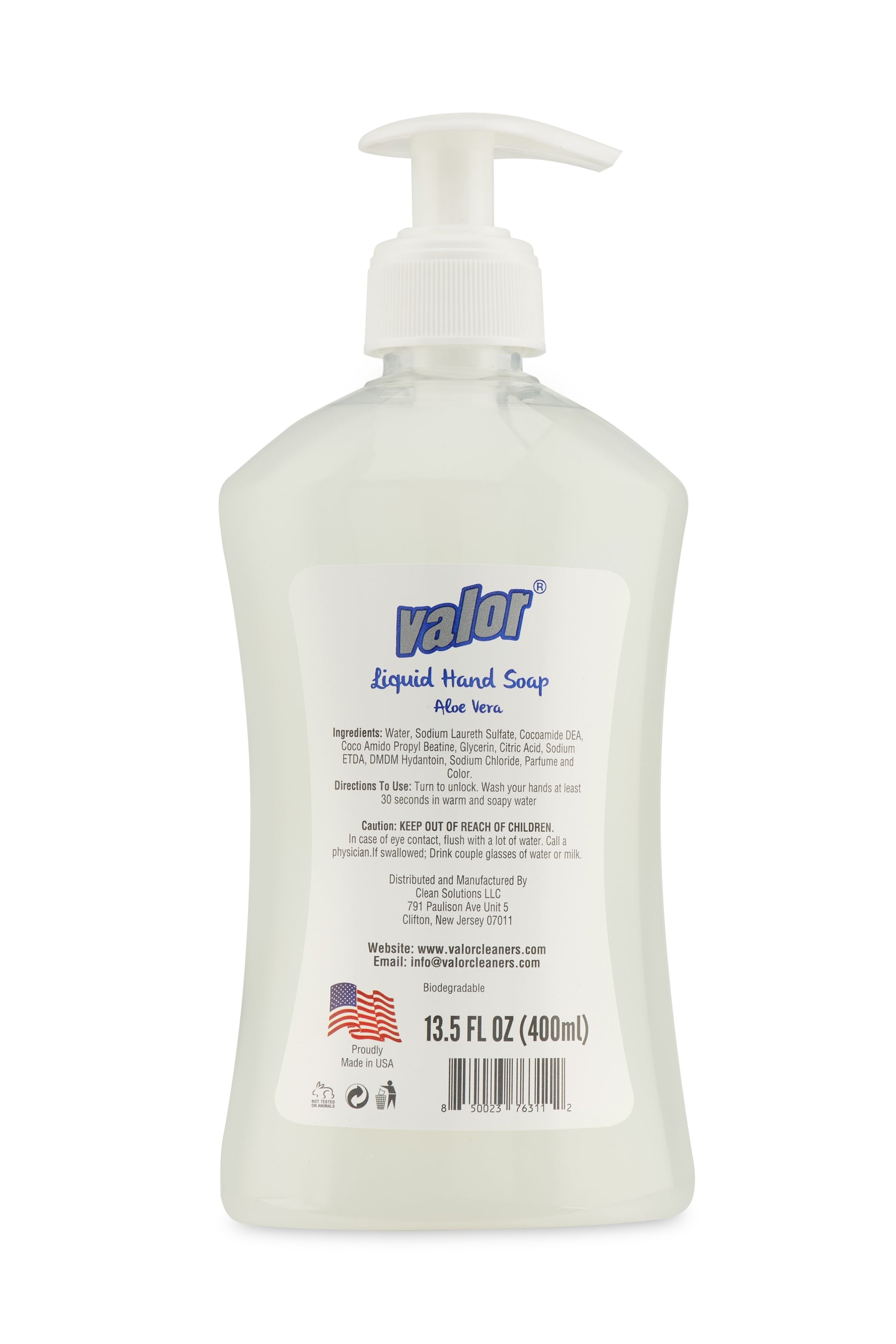Valor Liquid Hand Soap with Aloe Vera in a 13.5 FL OZ bottle, skin-safe and biodegradable formula, made in the USA.