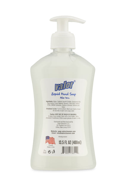 Valor Liquid Hand Soap with Aloe Vera in a 13.5 FL OZ bottle, skin-safe and biodegradable formula, made in the USA.