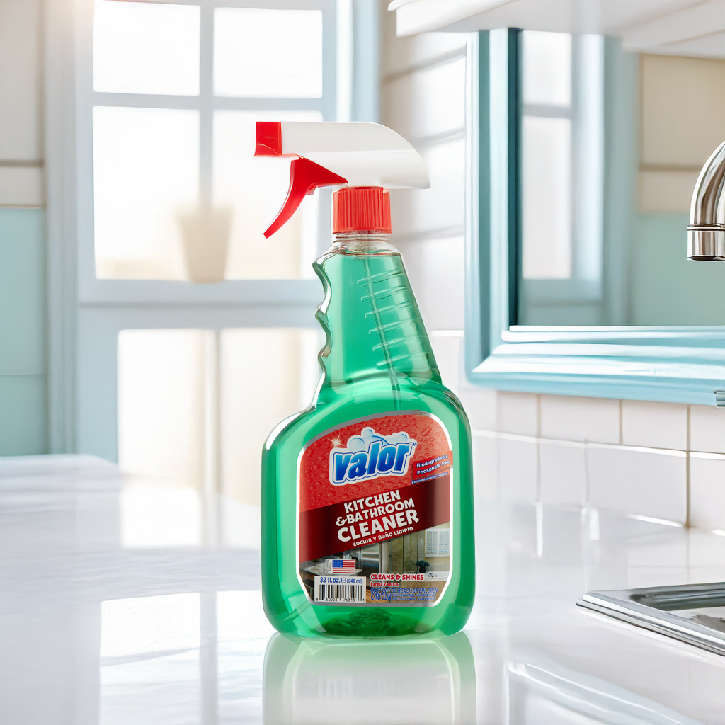 Valor Kitchen & Bathroom Cleaner spray bottle on countertop, ideal for effective cleaning and sanitizing.