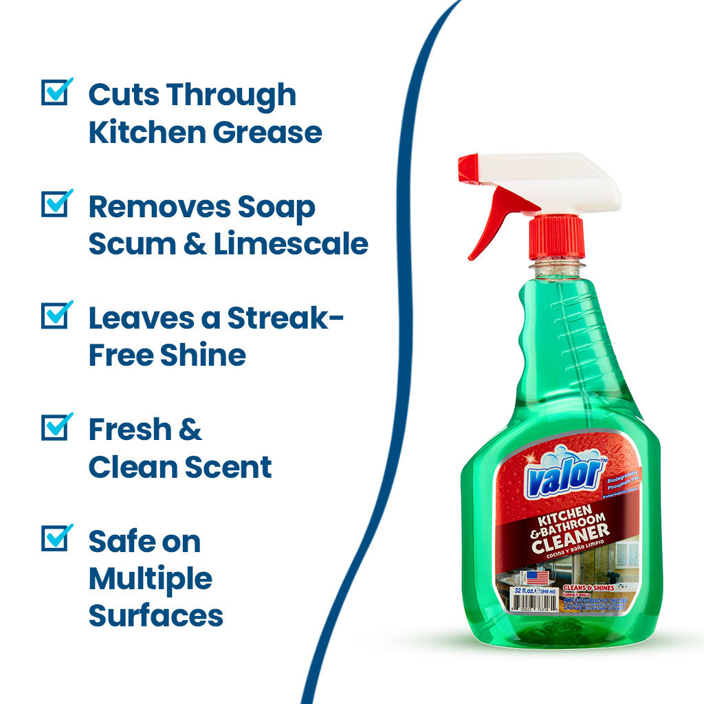Kitchen & Bathroom Cleaner by Valor Cleaners - Professional grade cleaning solution.