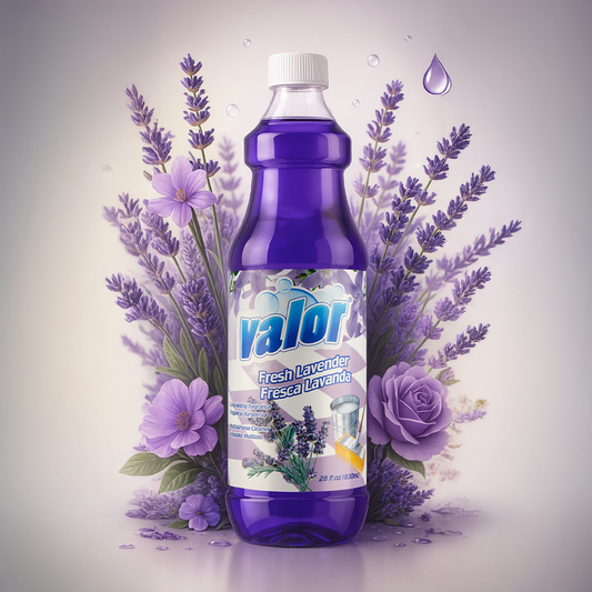 Valor Lavender Multi-Purpose Cleaner surrounded by lavender flowers, showcasing its calming fragrance and effective cleaning power.