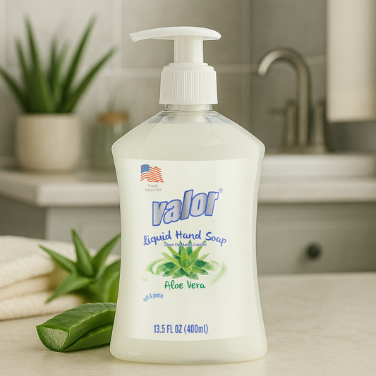 Valor Liquid Hand Soap with Aloe Vera in a 13.5 fl oz pump bottle, perfect for softening and refreshing hands.