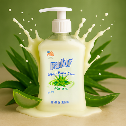 Valor Liquid Hand Soap with Aloe Vera, skin-safe, biodegradable formula for a luxurious hand washing experience.