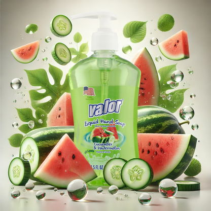VALOR Liquid Hand Soap Watermelon & Cucumber in a vibrant design with fresh fruit and bubbles for a refreshing clean.
