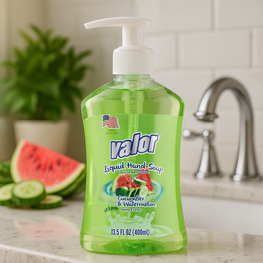 Valor Liquid Hand Soap with Watermelon & Cucumber scent, 13.5 fl oz bottle, perfect for refreshing handwashing.