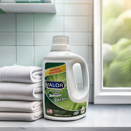 VALOR laundry detergent with fresh scent beside neatly stacked white towels in a bright bathroom setting.