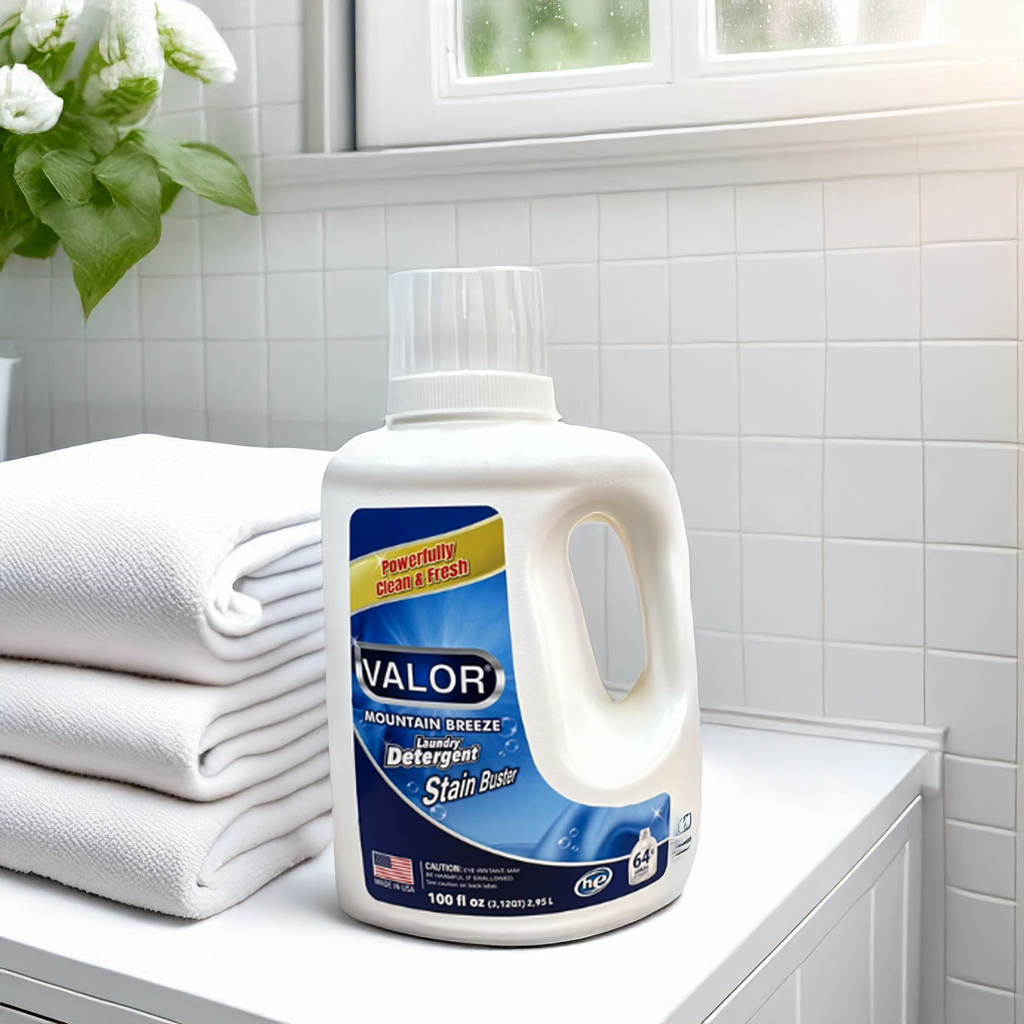 VALOR Mountain Breeze Laundry Detergent bottle next to neatly stacked white towels in a bright laundry room.