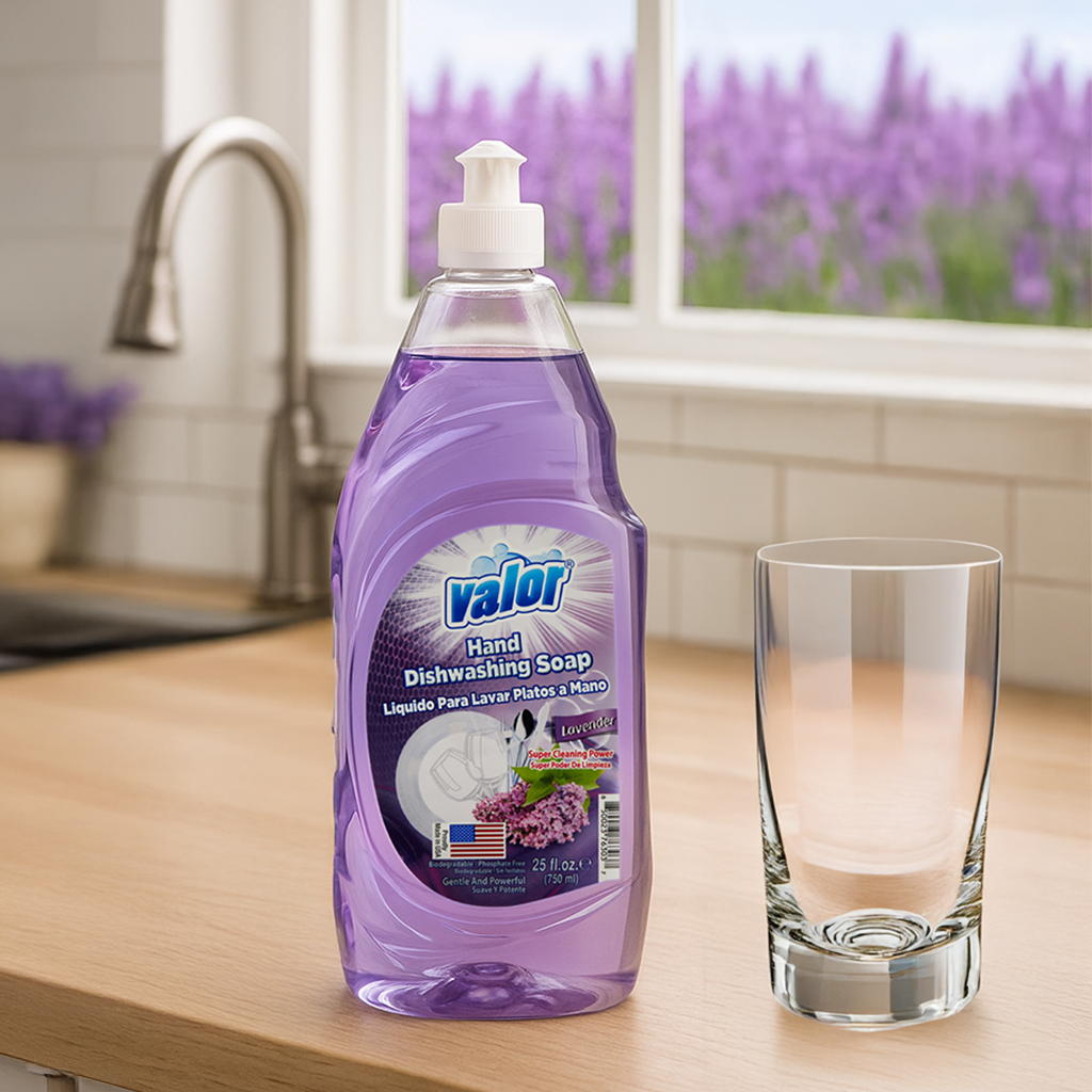 Valor Lavender Scent Dishwashing Liquid on kitchen counter next to a glass, showcasing its calming fragrance and grease-cutting power.
