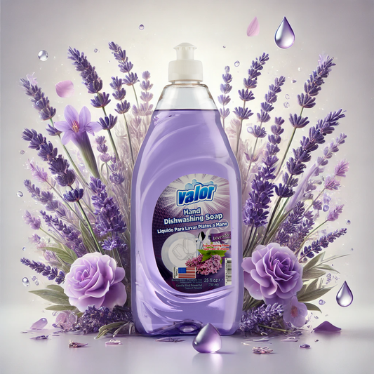 Valor lavender-scented dishwashing liquid surrounded by lavender flowers, promoting a calming kitchen experience.