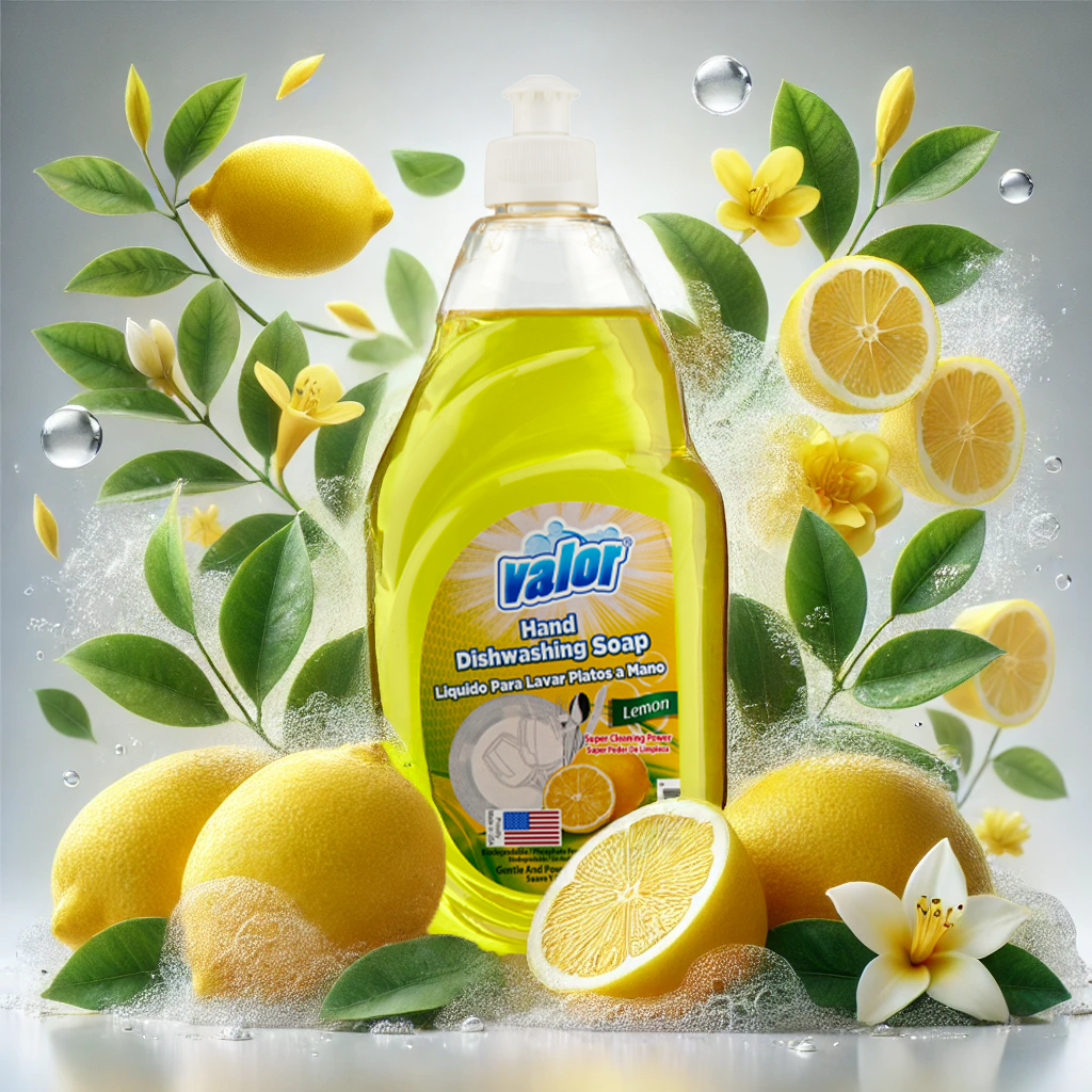Valor Lemon Scent Dishwashing Liquid bottle surrounded by fresh lemons and green leaves, showcasing its effective grease-fighting formula.