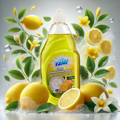 Valor Lemon Scent Dishwashing Liquid bottle surrounded by fresh lemons and green leaves, showcasing its effective grease-fighting formula.
