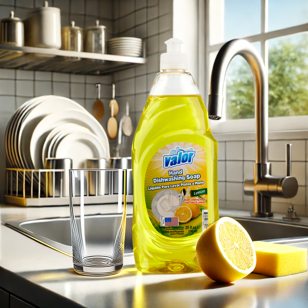Valor Lemon Scent Dishwashing Liquid with vibrant yellow color beside lemon, glass, and clean dishes in a stylish kitchen.