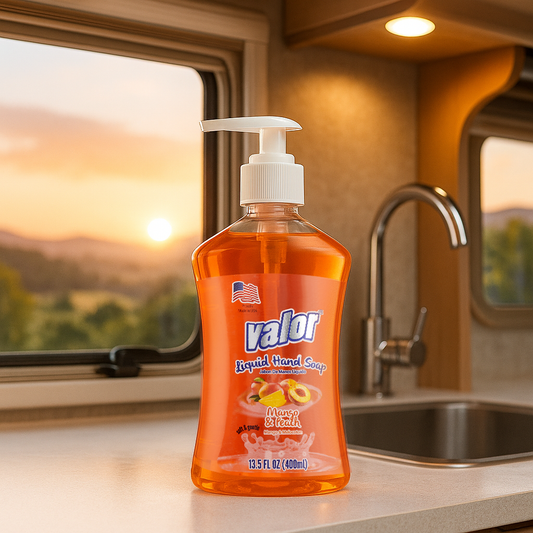 VALOR Liquid Hand Soap Mango & Peach in a bright kitchen setting, ideal for adding tropical freshness to handwashing.