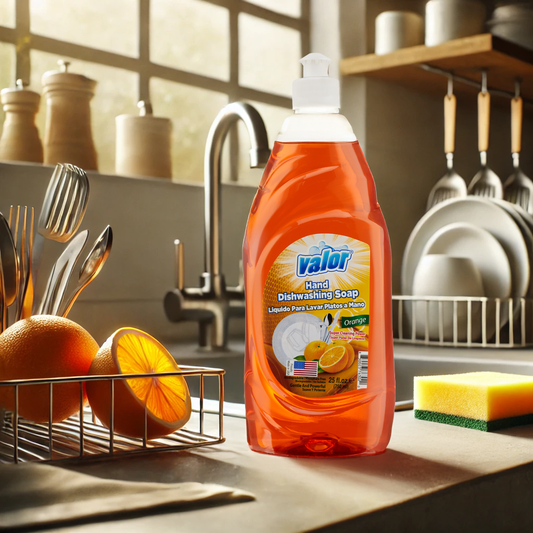 Valor Orange Scent Dishwashing Liquid in a kitchen, showcasing powerful cleaning with a refreshing citrus aroma.
