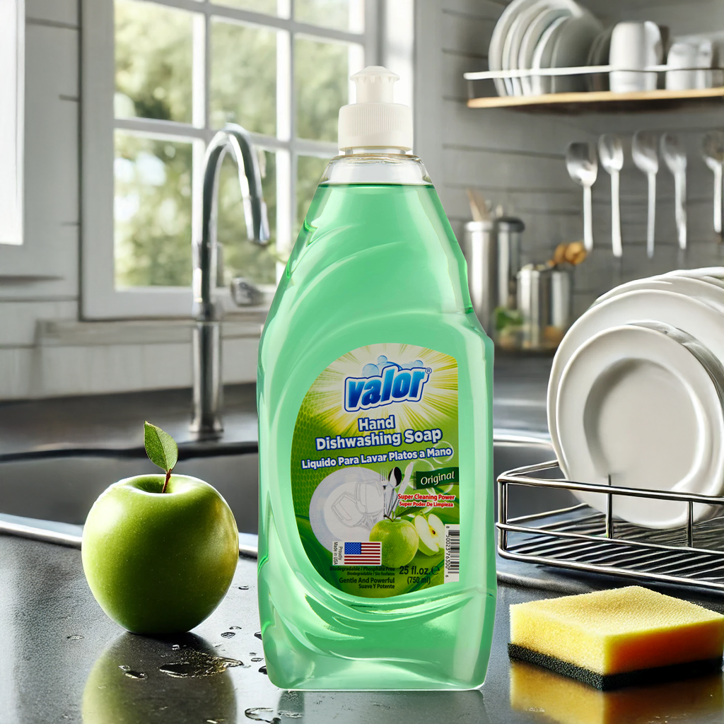 Valor Hand Dishwashing Soap Original Scent in a kitchen with an apple and sponge, ideal for effective grease removal.