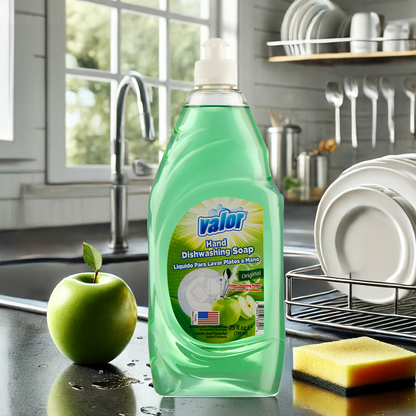 Valor Hand Dishwashing Soap Original Scent in a kitchen with an apple and sponge, ideal for effective grease removal.