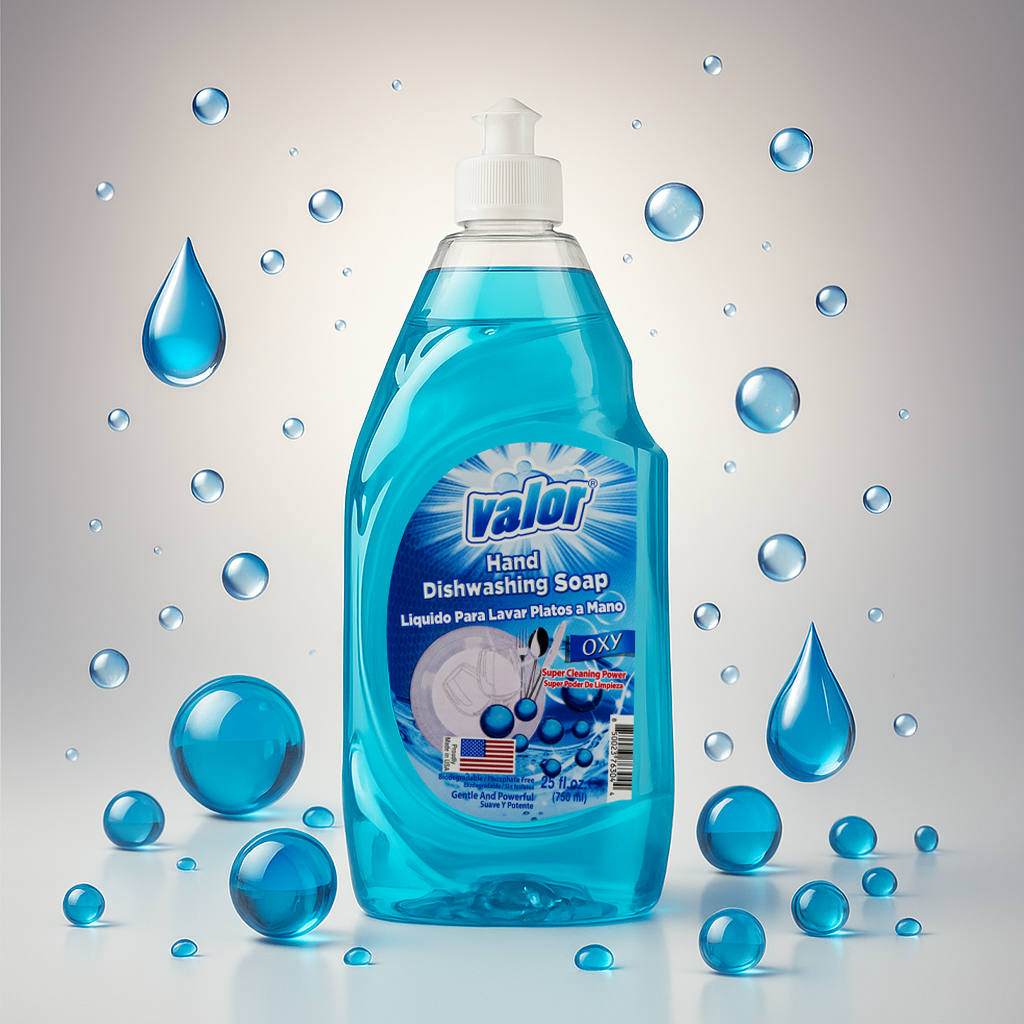 Valor Dishwashing Liquid Oxy Power, blue bottle with bubbles, effective grease cleaner and gentle on hands.