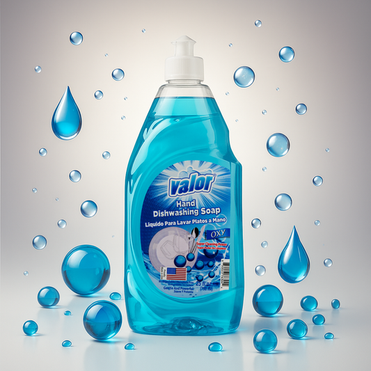 Valor Dishwashing Liquid Oxy Power, blue bottle with bubbles, effective grease cleaner and gentle on hands.
