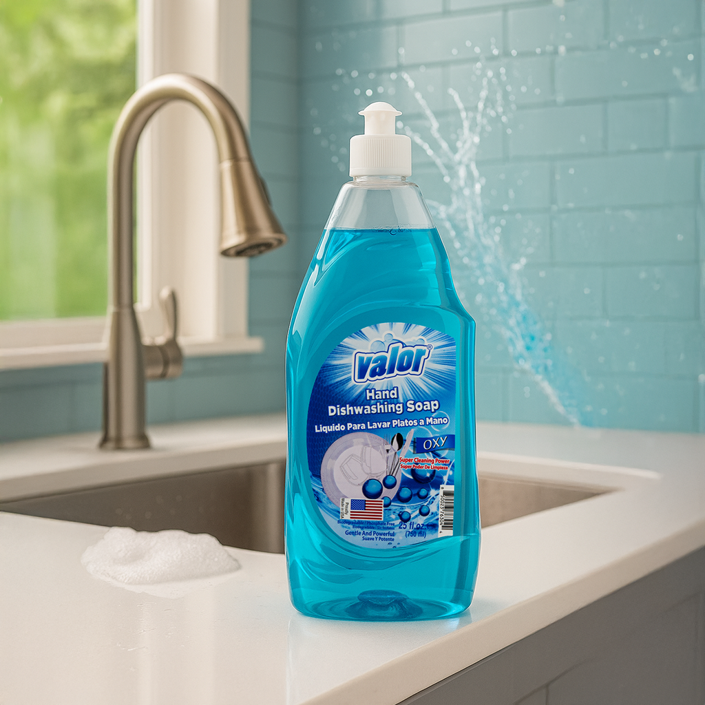 Valor Hand Dishwashing Liquid Oxy Power, effective grease cleaner, gentle on hands, bright blue bottle, kitchen setting.