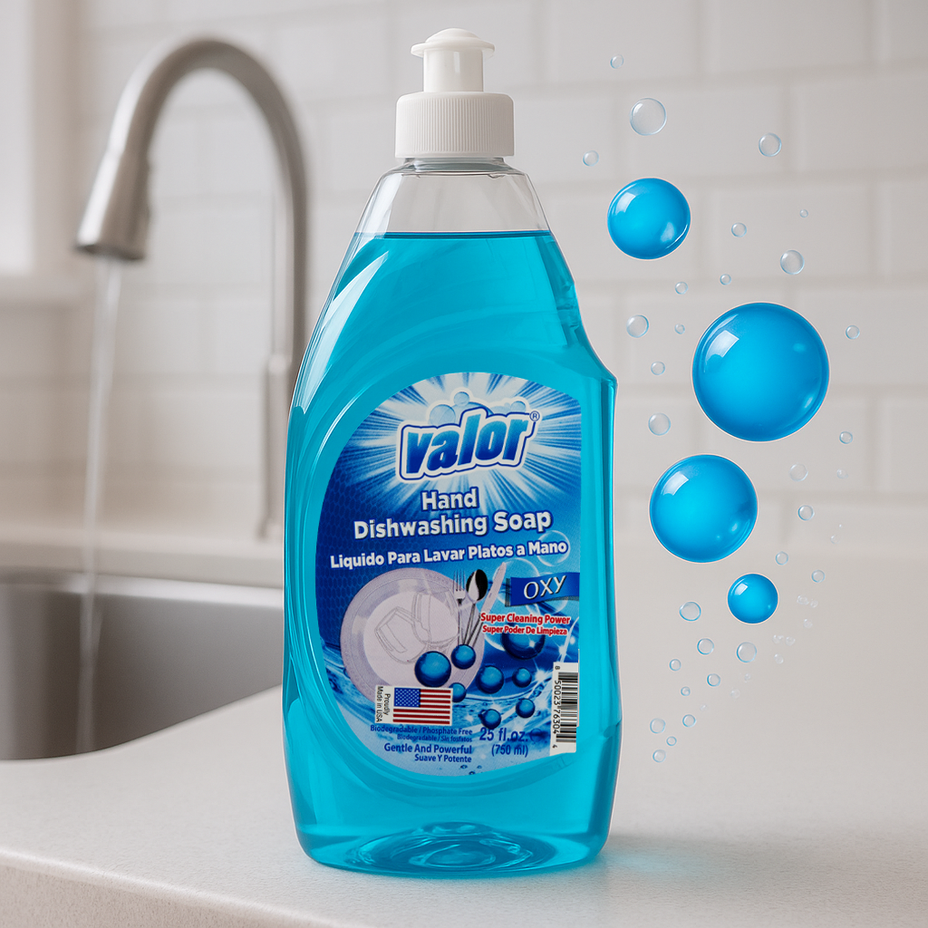 Valor Dishwashing Liquid Oxy Power bottle, blue formula, effective against grease, gentle on hands, fresh scent.