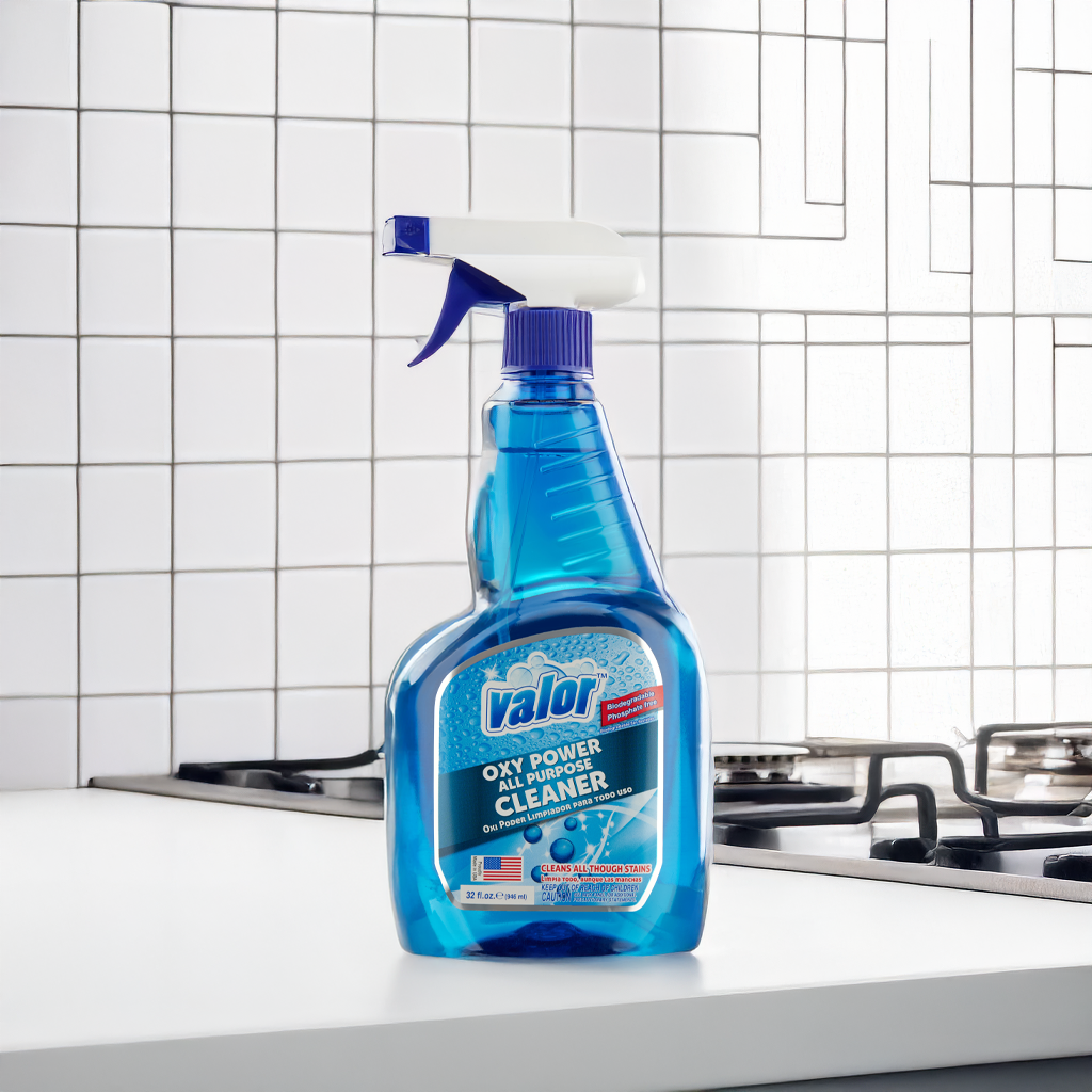 Valor Oxy Cleaner Trigger Sprayer on a kitchen counter, designed to remove tough stains with ease.
