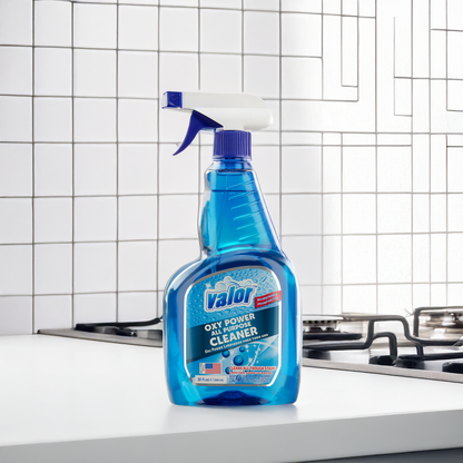 Valor Oxy Cleaner Trigger Sprayer on a kitchen counter, designed to remove tough stains with ease.