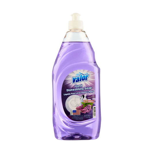 Valor Lavender Scent Dishwashing Liquid with a powerful formula for cleaning dishes, gentle on hands, 25 fl oz bottle.