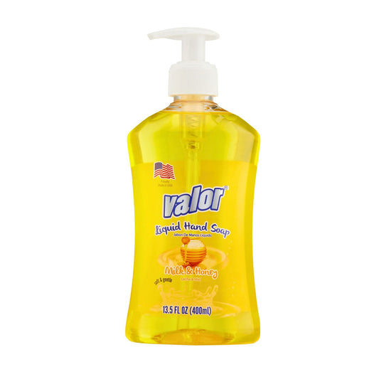 VALOR Liquid Hand Soap Milk & Honey in a pump bottle, offering gentle cleansing and nourishing hydration for hands.