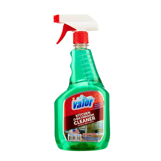 Valor Kitchen & Bathroom Cleaner in a green spray bottle for effective cleaning solutions.