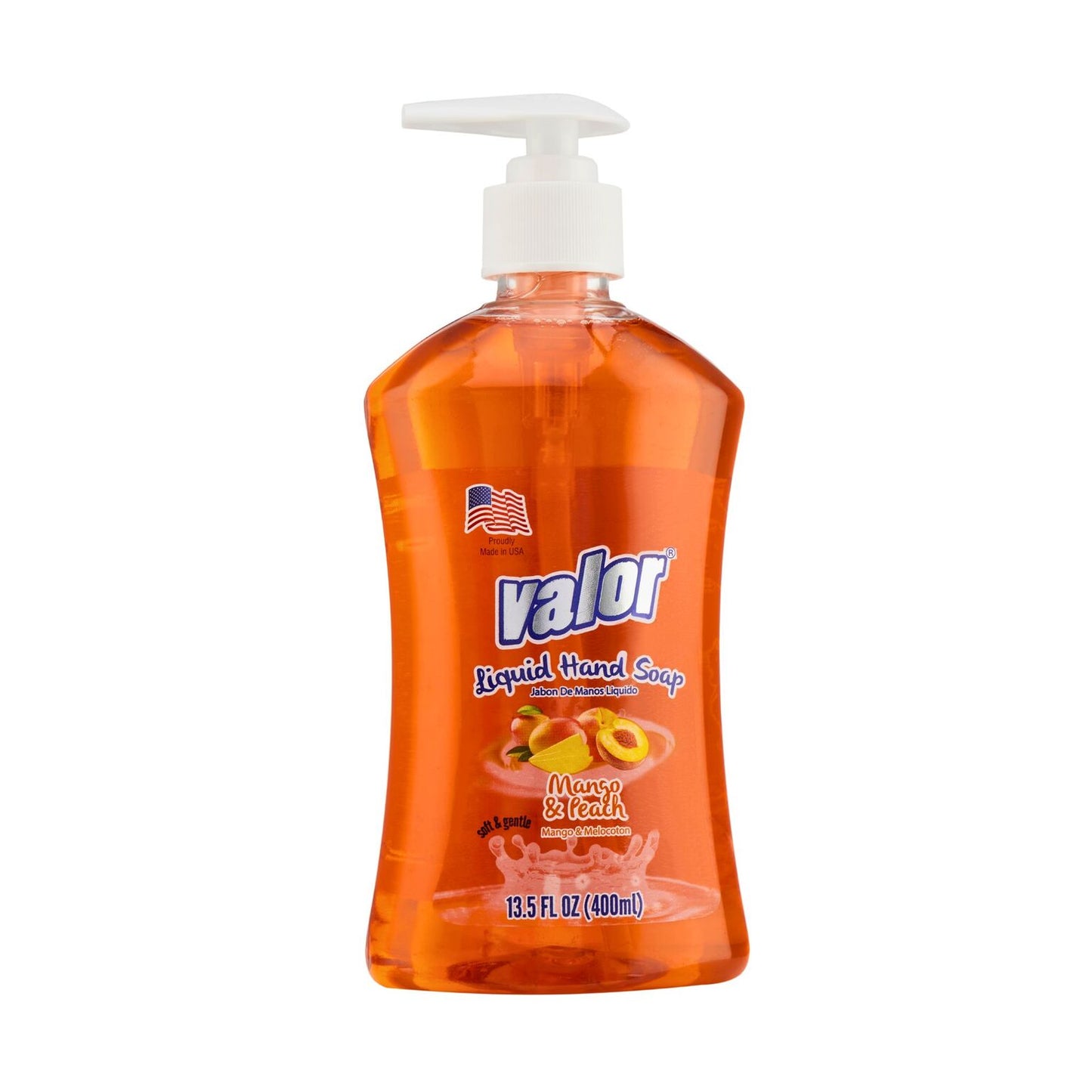 VALOR Liquid Hand Soap in Mango & Peach scent, perfect for a tropical handwashing experience.