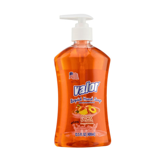 VALOR Liquid Hand Soap in Mango & Peach scent, perfect for a tropical handwashing experience.