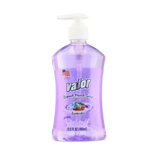 VALOR Liquid Hand Soap Lavender in a pump bottle, 13.5 fluid ounces, offering gentle cleaning and a soothing lavender aroma.