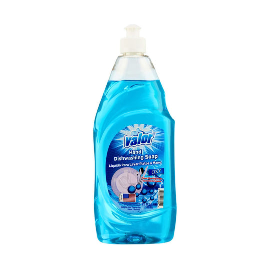 Valor Dishwashing Liquid Oxy Power bottle, effective for tough grease and gentle on hands, with refreshing scent.