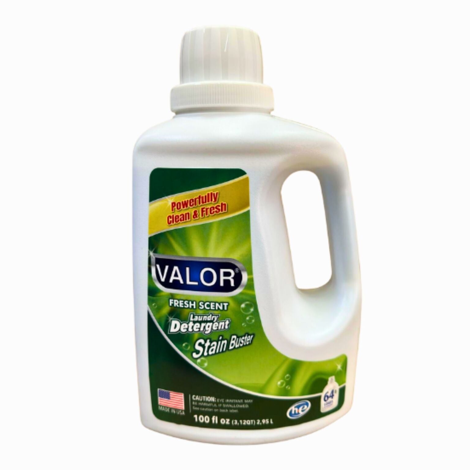 VALOR Laundry Detergent Fresh Scent bottle, powerful stain buster for clean laundry and lasting freshness.