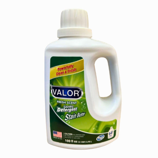 VALOR Laundry Detergent Fresh Scent bottle, powerful stain buster for clean laundry and lasting freshness.