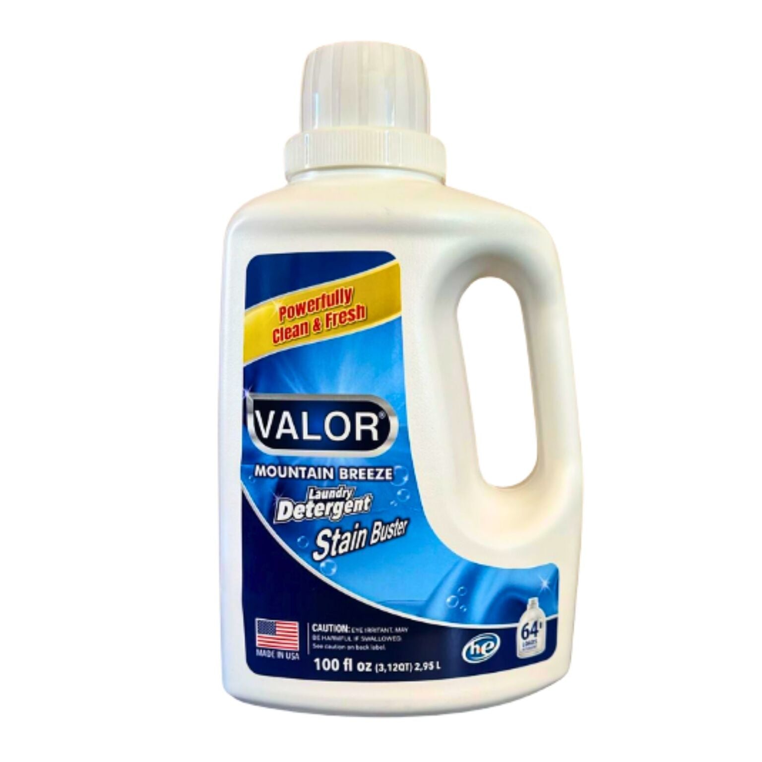VALOR Mountain Breeze Laundry Detergent bottle, powerful stain fighter with a refreshing outdoor scent.